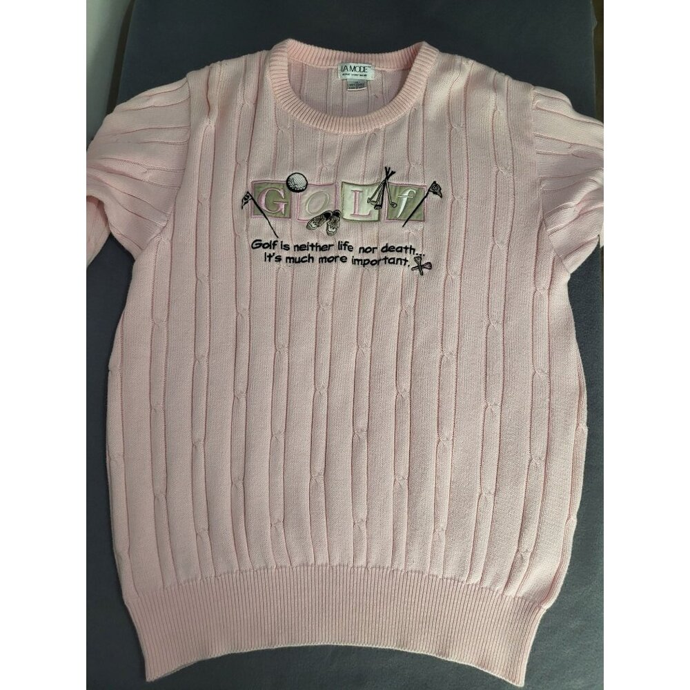 VTG La Mode Women's XL Golf Embroidered Cable Knit Pink Sweater Whimsy Grandma - Picture 6 of 8